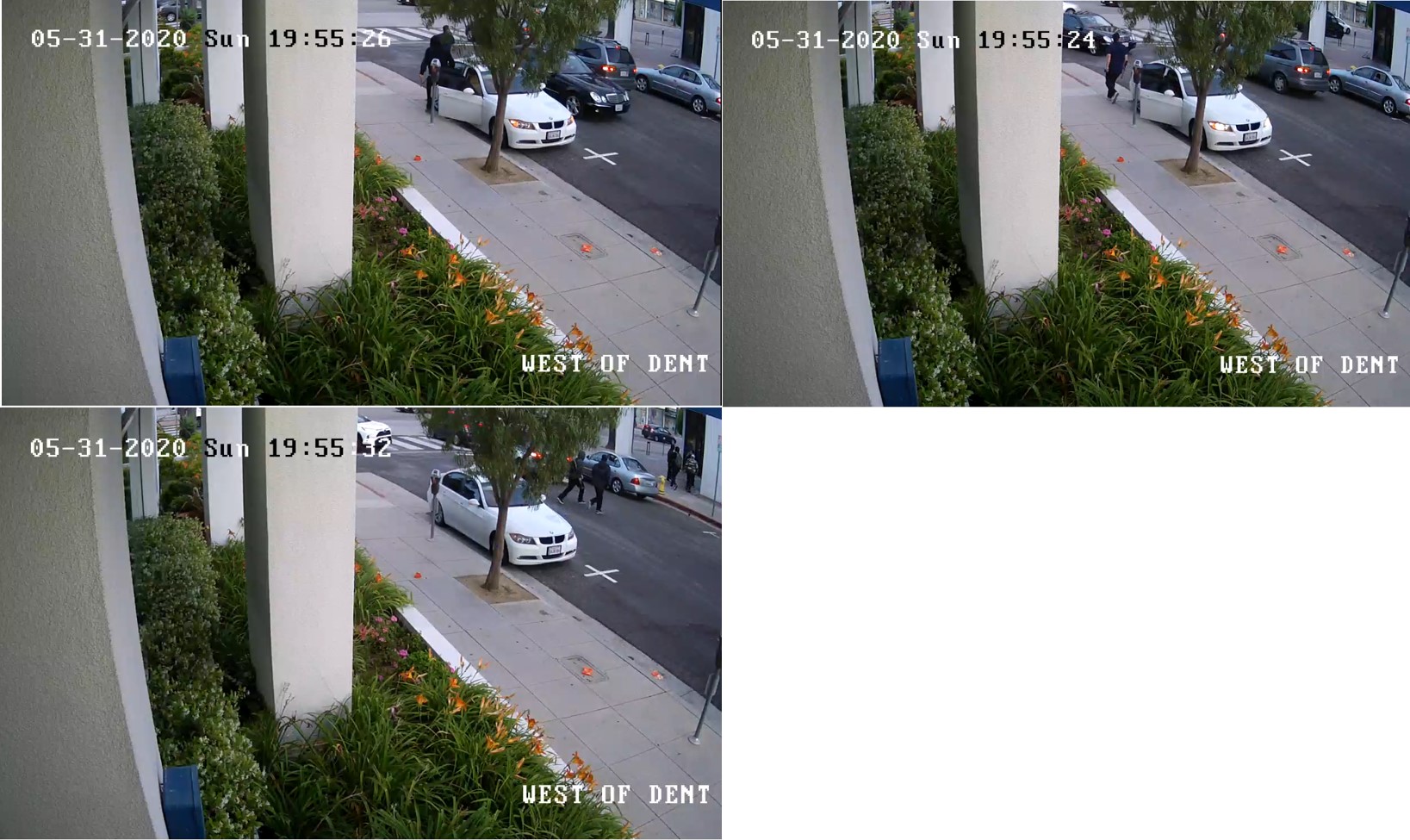 Still-frame photos of surveillance footage from outside the business captured the burglary at Big 5 Sporting Goods showing a 500 series white BMW, May 31, 2020.
