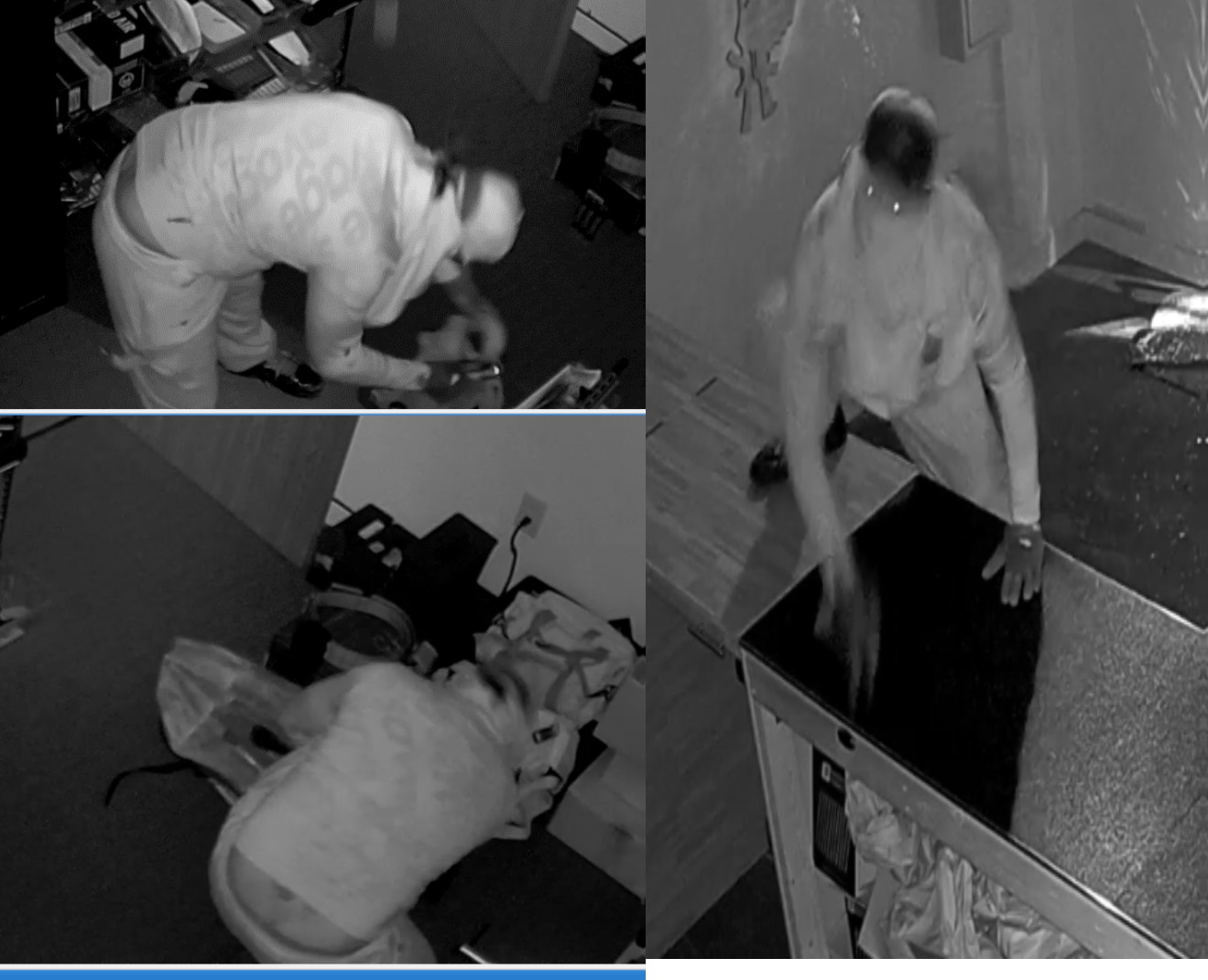 Suspect wearing white jacket and white pants, face covered.