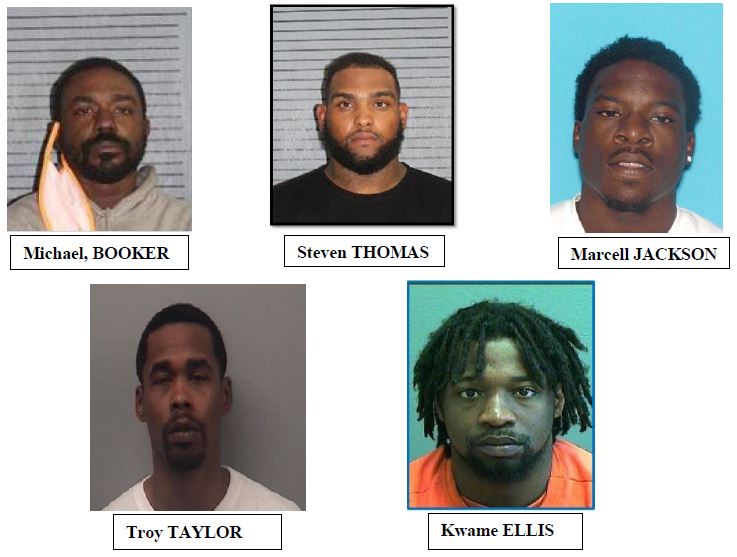 Mug shots of Michael Booker, Steven Thomas, Marcell Jackson, Troy Taylor and Kwame Ellis