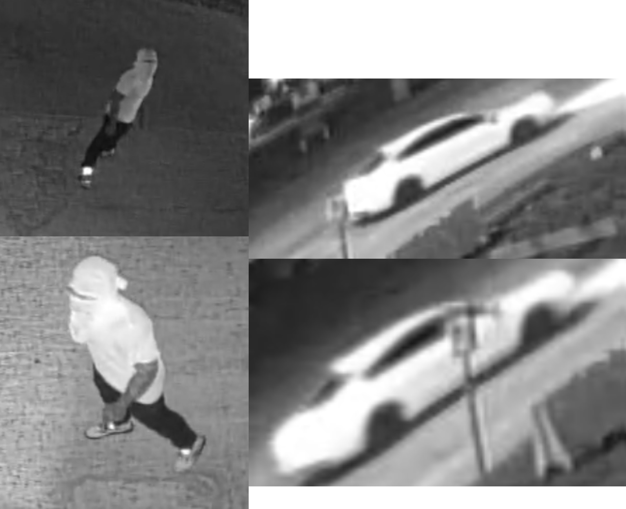 Ray’s Hardware & Sporting Goods burglary suspect wearing a light t-shirt and dark pants in a white sedan with tinted windows.