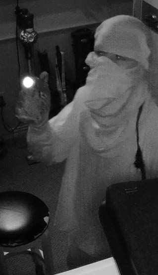 A person with their face covered holding a flashlight