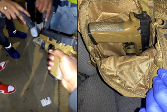 An individual holding a firearm alongside an image of the firearm in a bag.