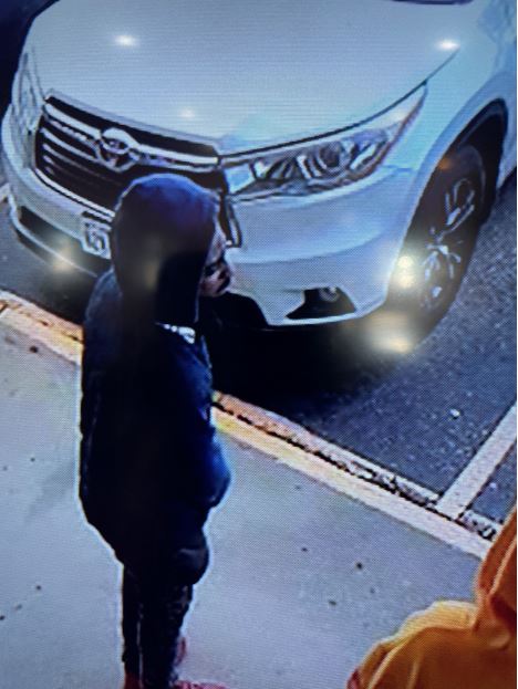 A person with dark-colored clothing and their hood up.