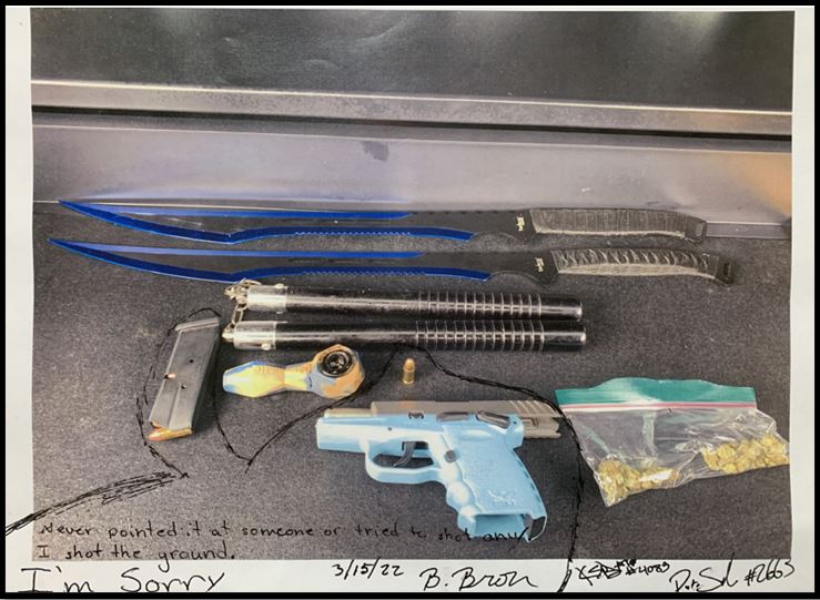 A firearm, weapons, and other items.