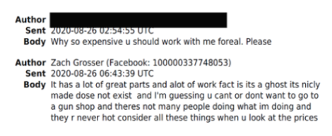 Screenshot of a text conversation between Grosser and a potential buyer of firearms.