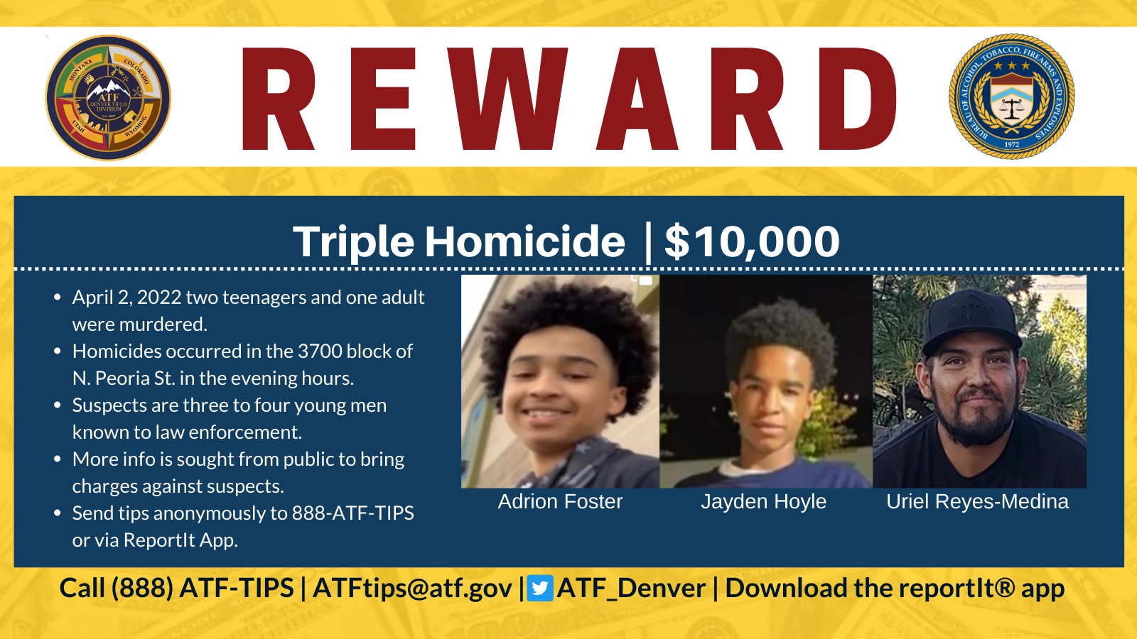 Graphic displaying a $10,000 reward for information regarding a crime.