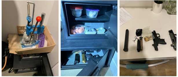 Seized evidence for a trial: a pill press; safe with money, drugs and firearms; and firearms with ammunition.