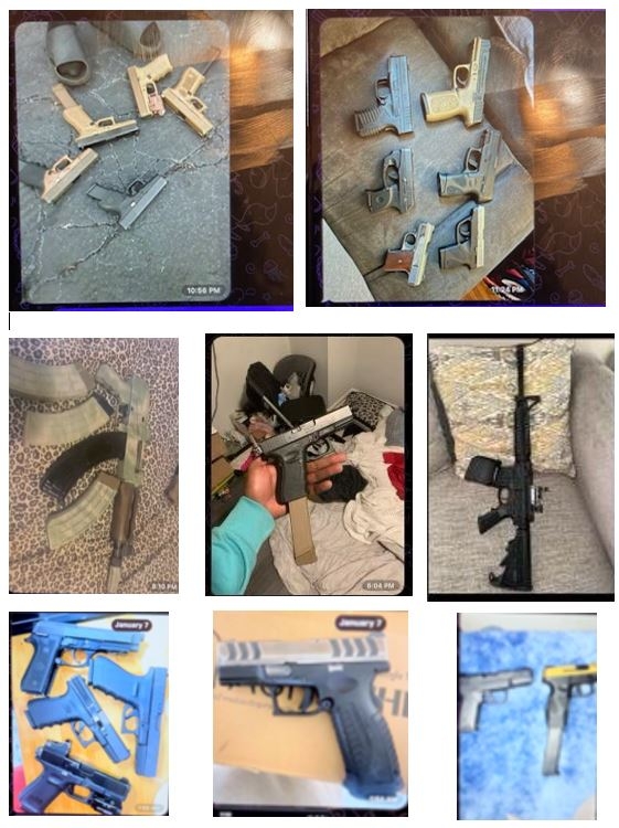 A group of 8 photos depicting 21 guns: semi-automatic handguns, handguns with extended magazines, an assault style handgun, and a rifle.