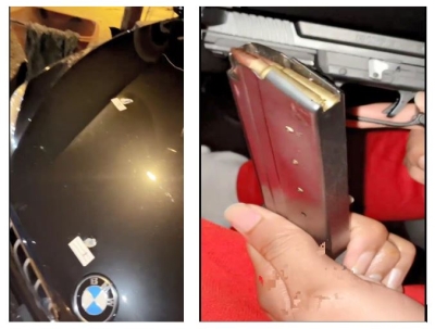 Bullet holes and magazines used as evidence.
