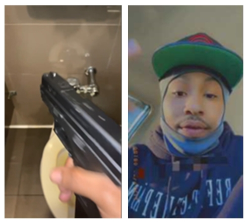 Suspect holding a gun and face of suspect in adjoining picture